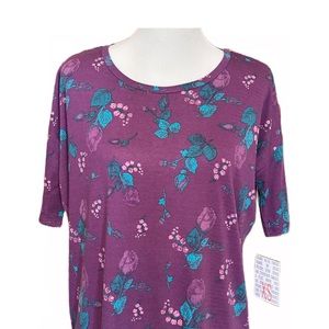 LuLaRoe Irma Tunic Size XS Purple Roses Oversized Relaxed Fit NWT